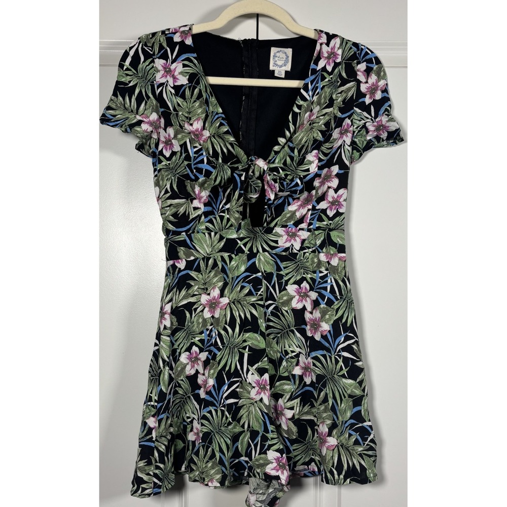Blue Rain Womens Romper Black Green Tie Front V-Neck Tropical Floral Beach XS